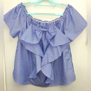 Blue and white striped bow off the shoulder top